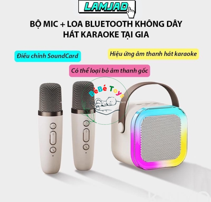 Loa Karaoke Bluetooth Mini K12 Có Đèn Led Kèm 2 Mic Không Dây 