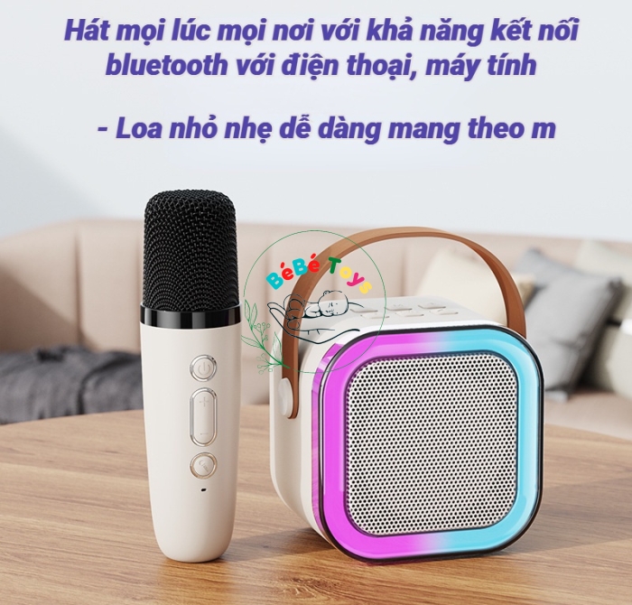 Loa Karaoke Bluetooth Mini K12 Có Đèn Led Kèm 2 Mic Không Dây 