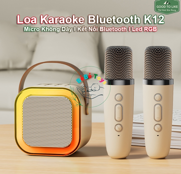 Loa Karaoke Bluetooth Mini K12 Có Đèn Led Kèm 2 Mic Không Dây 